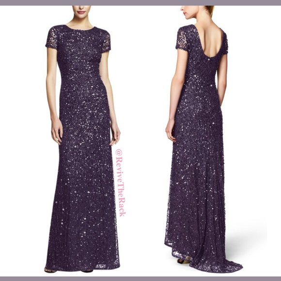 NEW Adrianna Papell Scoop Back Sequin Gown in‎ Amethyst/Gunmetal [SZ 4 ]